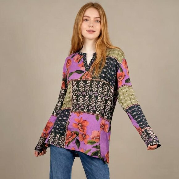 NWOT Johnny Was Zanda Split Neck Patchwork Floral Top Tee Size XL long sleeves - Picture 1 of 13